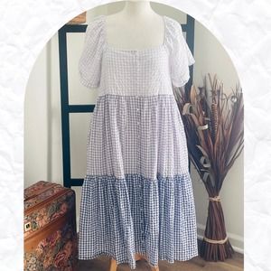 Madewell Patchwork Gingham Button Tiered Midi/Maxi Square Neck Dress Medium